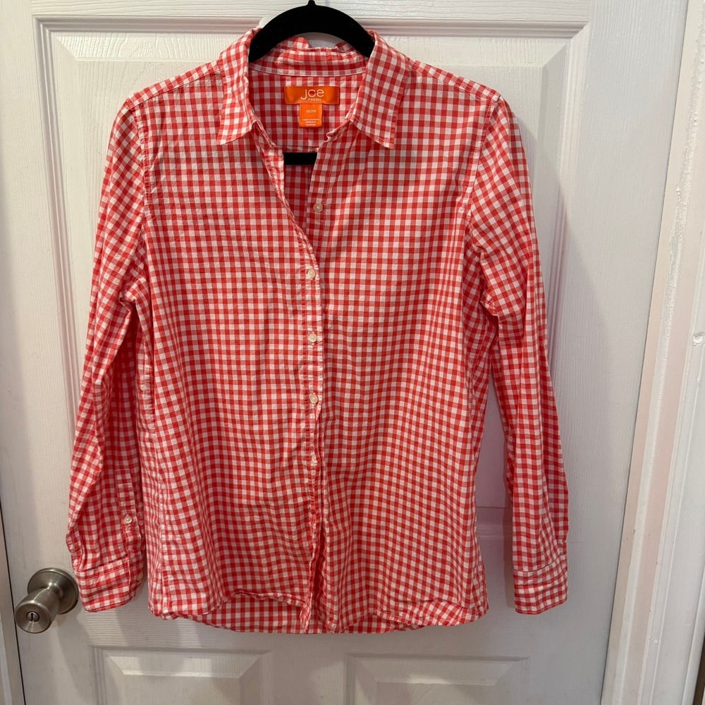 Joe Fresh Women M Orange White Gingham Check Long Sleeve Button Down Shirt Vols